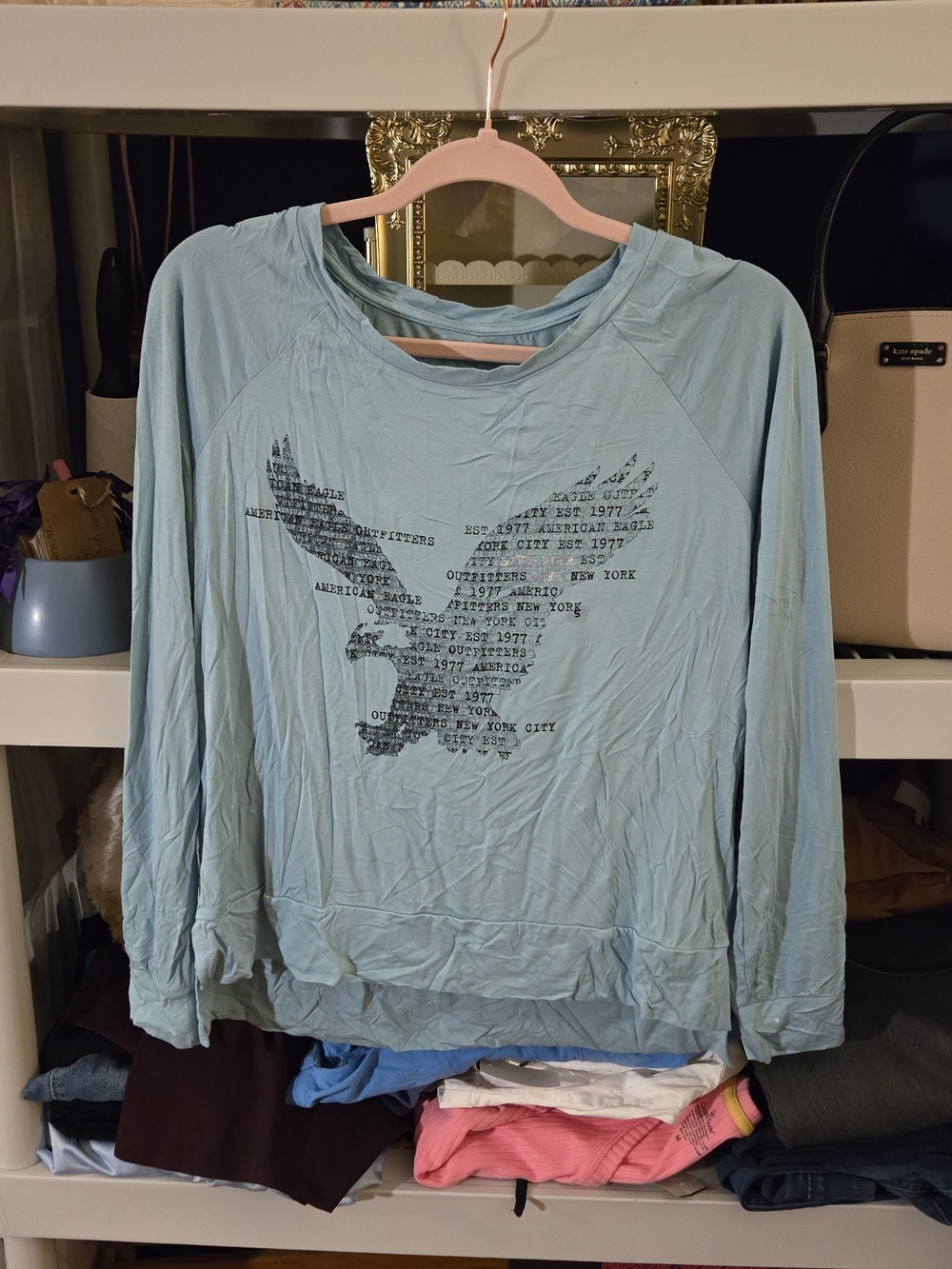 American Eagle Outfitters Teal Blue Graphic Logo Tee